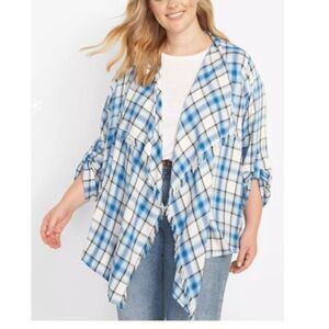 NWT Lane Bryant Plaid Flannel Drape Front Overpiece Roll-Tab Sz 34/36 Layer